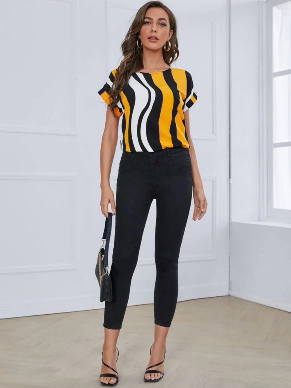 rolled cuff dolman sleeve colorblock top - black / gold / white - Large